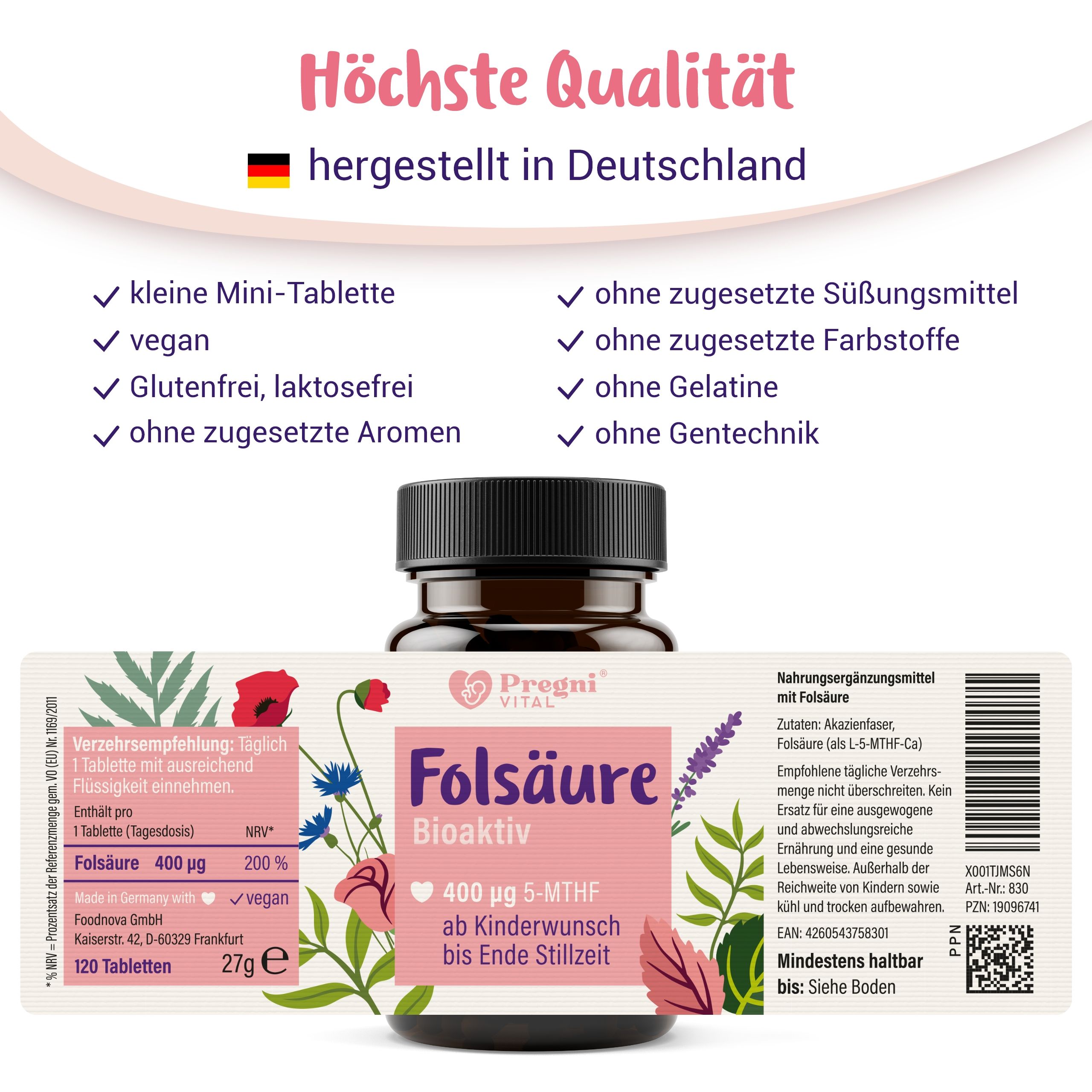 Folsäure Tabletten bioaktiv (L-5-MTHF-Ca) - von PregniVital®