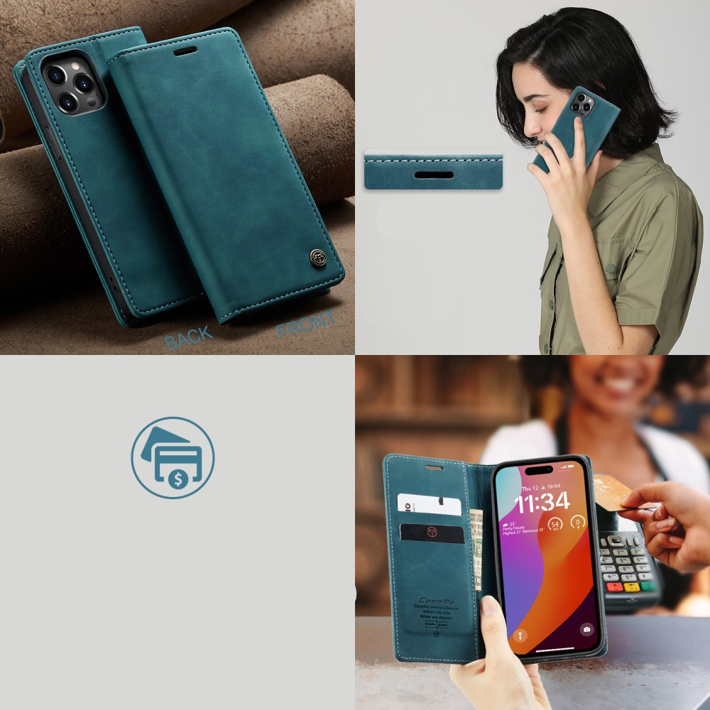 iPhone 16 Pro Max Leder Tasche Flip Wallet Etui mit Kartenfächern - Blaugrün