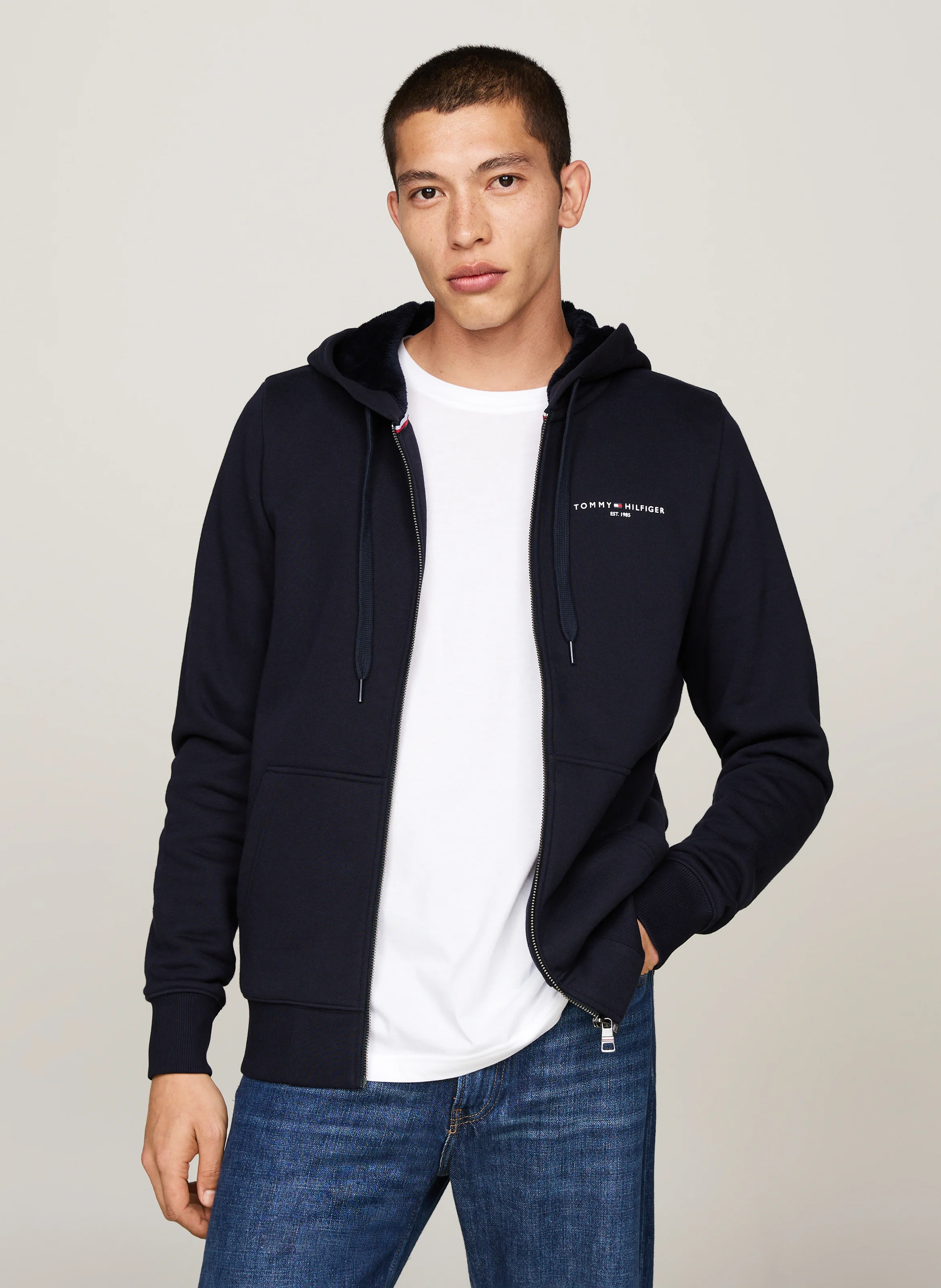 Sweat zippé à capuche en coton mélangé | Bleu