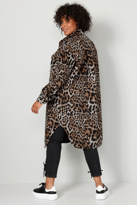 Hemdmantel, oversized, Leo-Print, Hemdkragen, Langarm