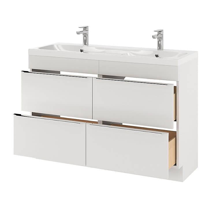 Ensemble salle de bains l.120 cm meuble à poser Imandra blanc brillant + plan double vasque résine blanc