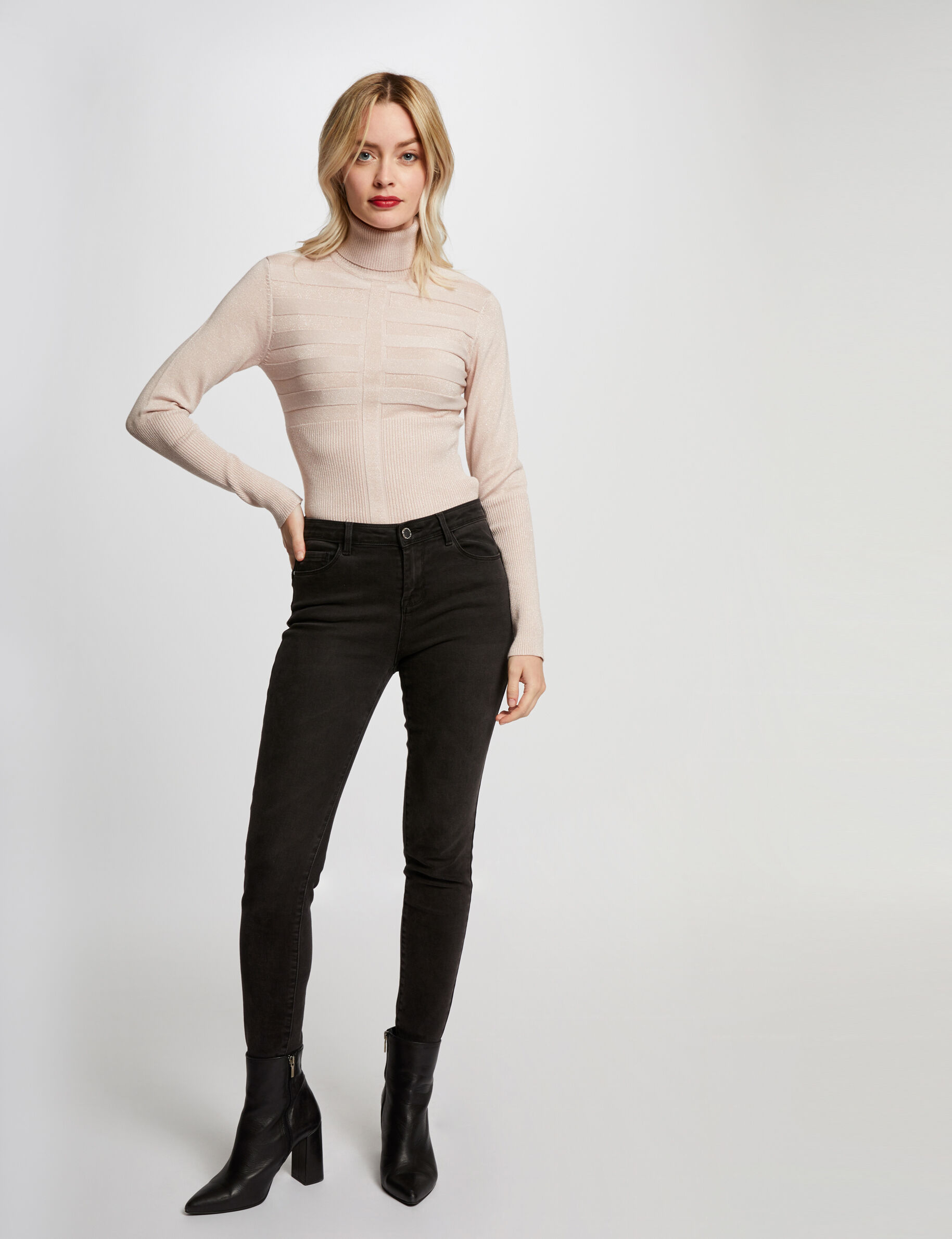 Pull manches longues à col roulé rose pale femme - rose_pale