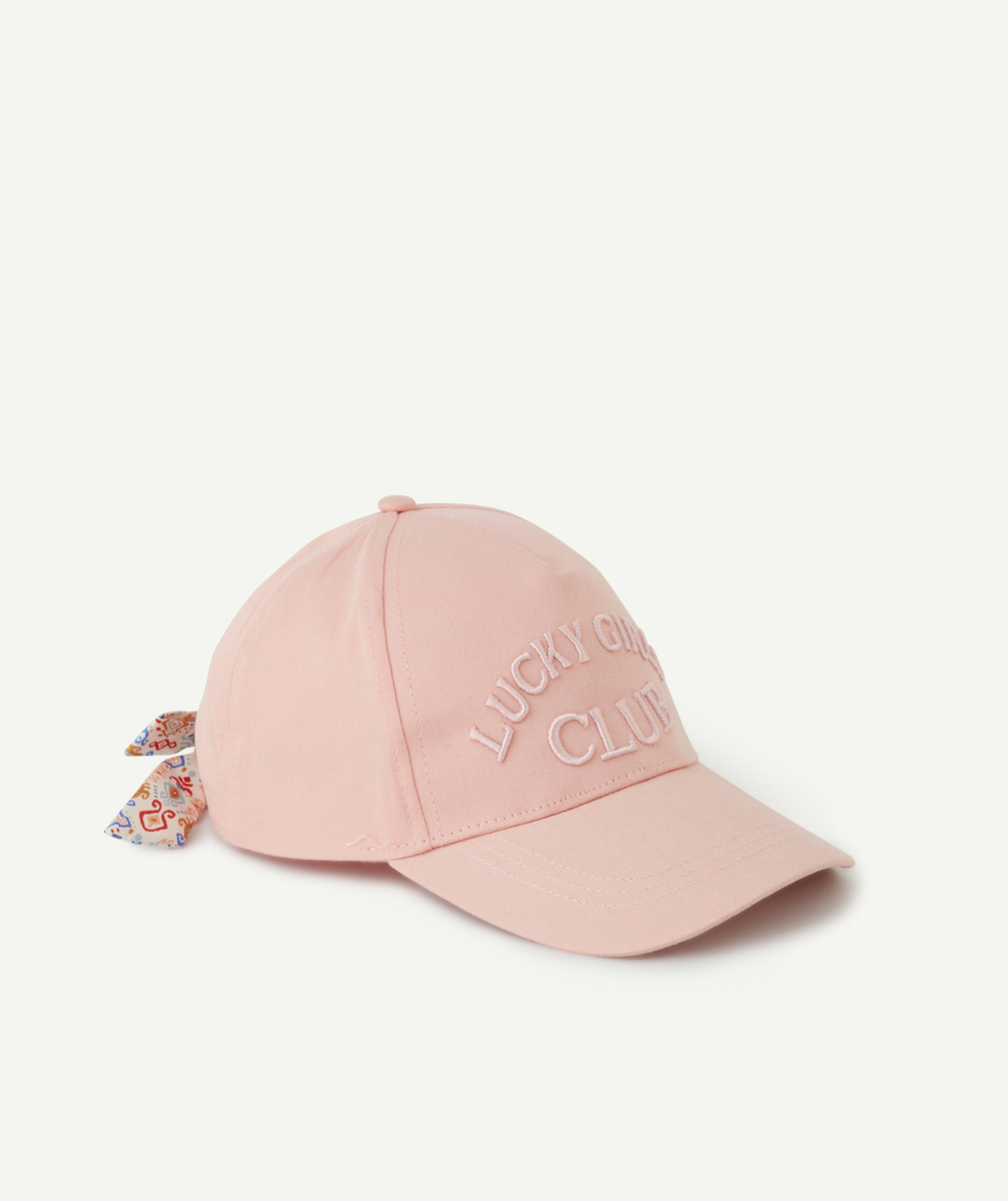 CASQUETTE FILLE EN COTON ROSE AVEC MESSAGE BRODÉ ET NOEUD IMPRIMÉ