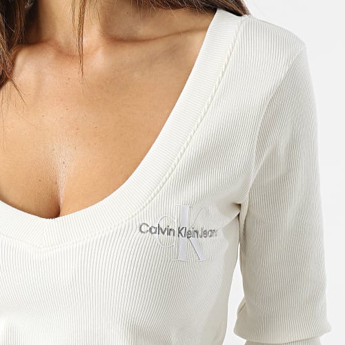 Tee Shirt Manches Longues Col V Femme 2023 Beige Clair