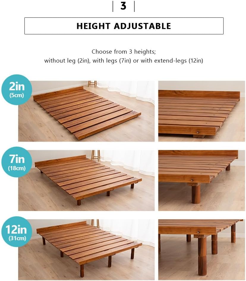 EMOOR Futonbett OSMOS 160 x 200cm für Japanische Futon-Matratze, Höhenverstellbar (5/18/31cm), Retro-Braun, Tatami Natürlich Kiefern Holzbett Palettenbett