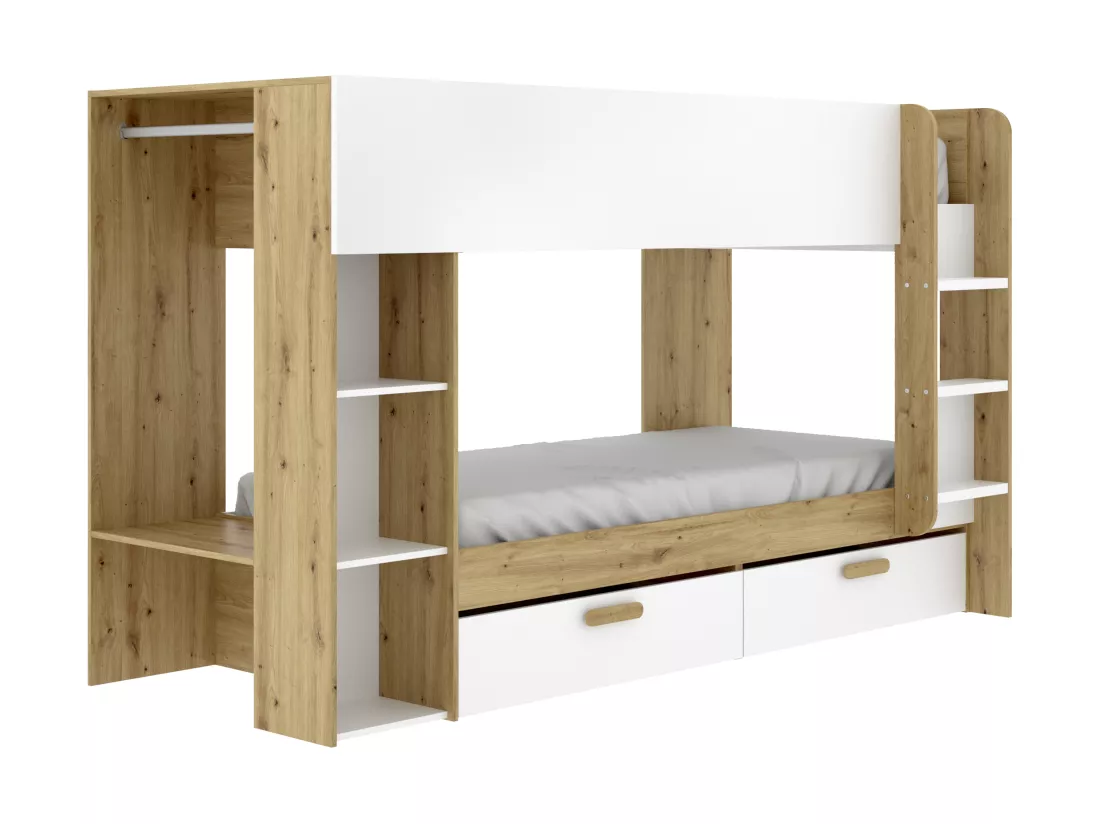 Lits superposés 2 x 90 x 200 cm avec rangements et penderie - Blanc et naturel - OZANA