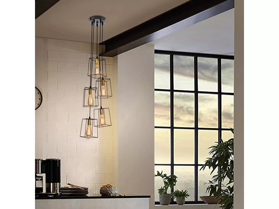 NETTLIFE Suspension vintage noire 5 lampes réglable en hauteur en métal E27 industriel
