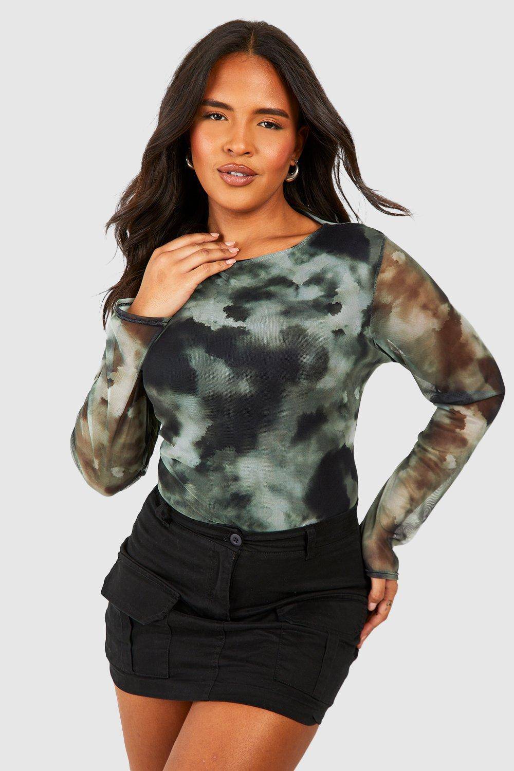 boohoo Haut à manches longues en mesh abstrait pour grandes tailles