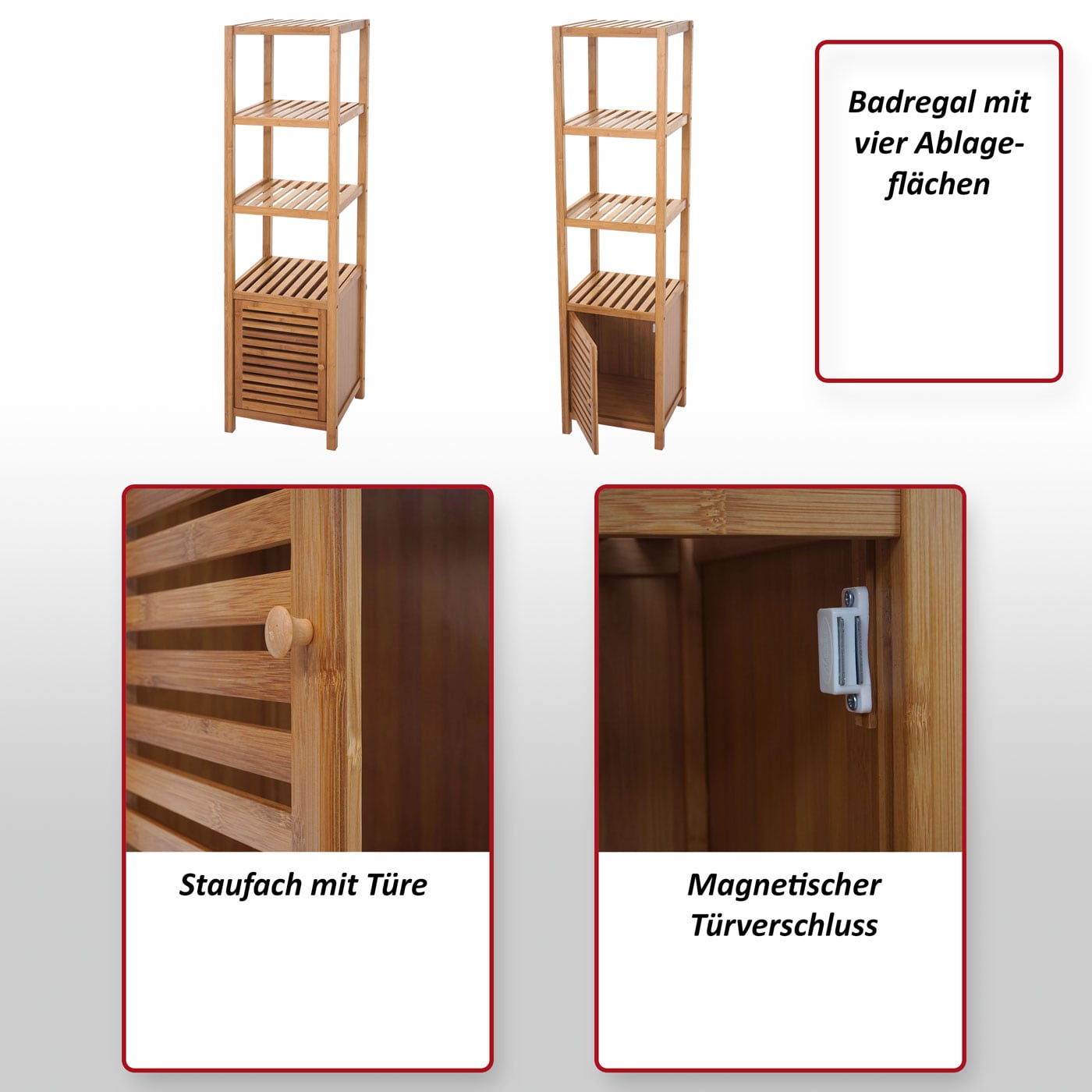 Badregal MCW-B18, Badezimmer Badschrank Standregal mit Tür, Bambus ~ 110x36x34cm
