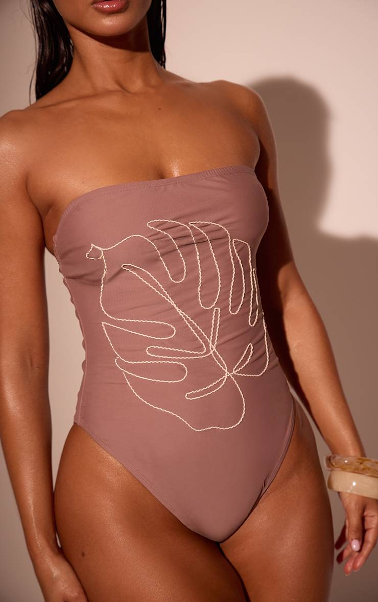 Taupe Maillot De Bain Bandeau Brodé Motif Feuilles
