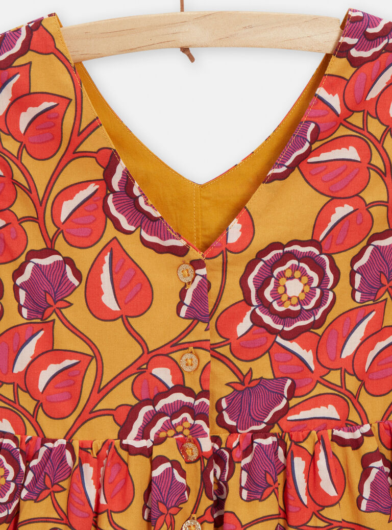 Robe jaune motif fleurs violettes pour fille
