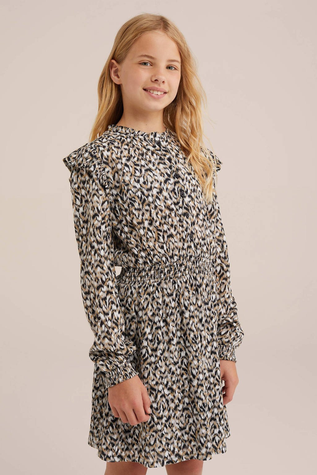 WE Fashion blousejurk met all over print en ruches beige/zand/zwart