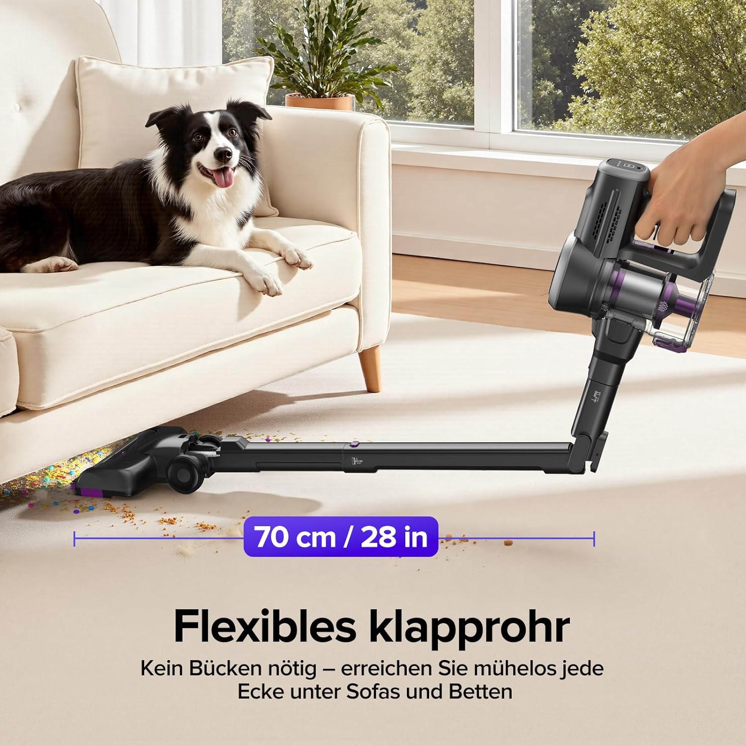 Lubluelu Kabelloser Staubsauger Leicht & Leise, Selbststehend mit LED-Anzeige und Faltbarem Rohr, Starke Saugleistung für Tierhaare, Teppiche, Hartböden und Auto (Schwarz-Violett)