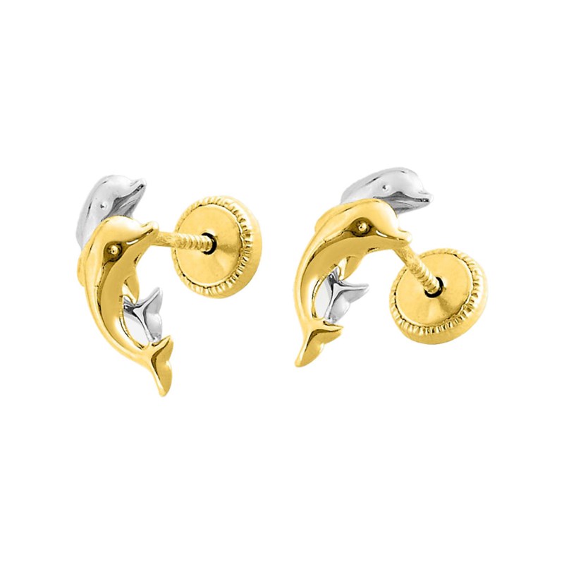 Boucles d'oreilles enfant bicolores - Or 18 Carats - Dauphin