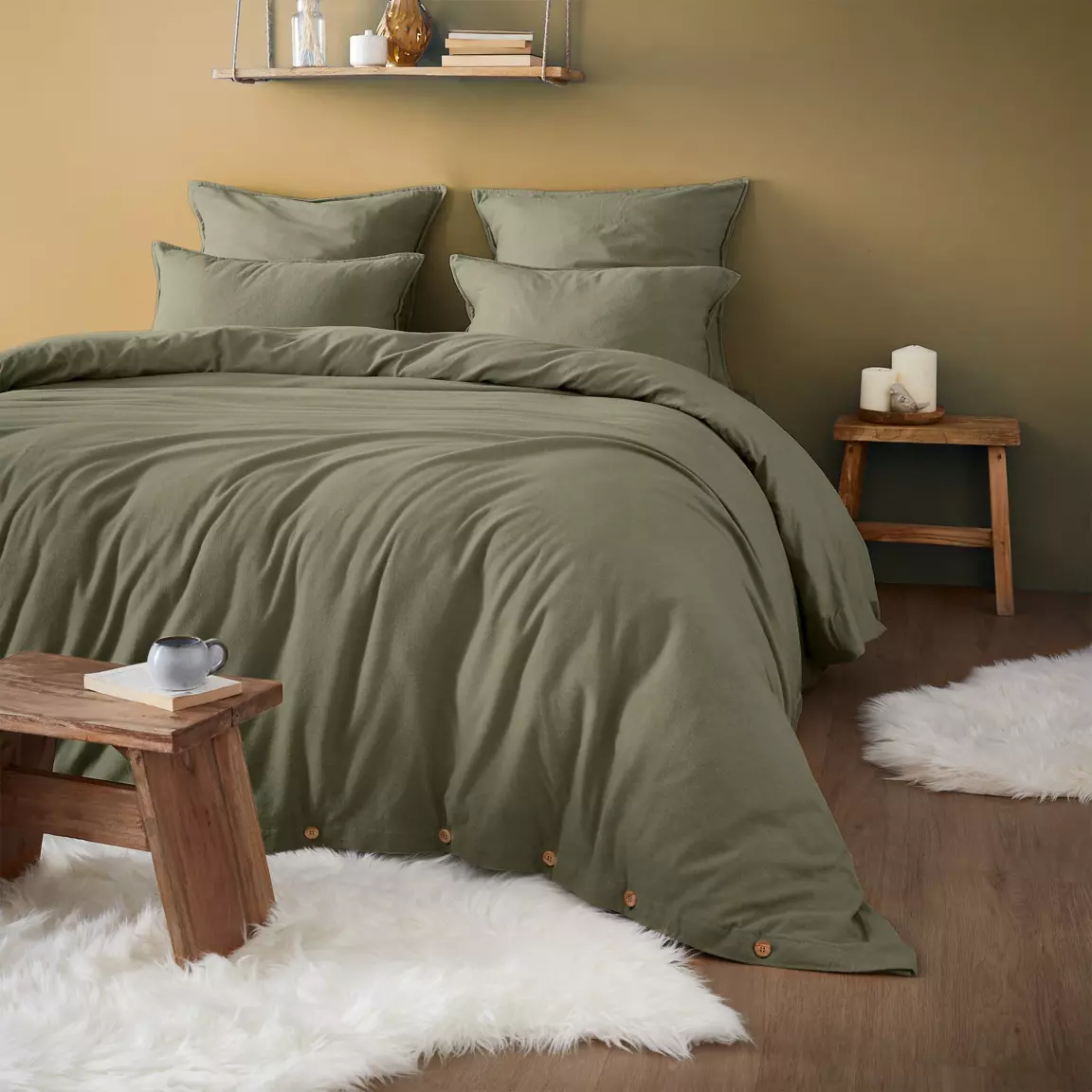 Drap housse flanelle de coton (160 x 200 cm) Théa Vert romarin