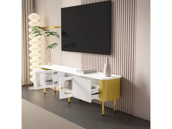 Banc TV avec tiroirs et panneaux de porte spécialement moulés, poignées et pieds dorés, forme arquée,170x45x50cm,Blanc