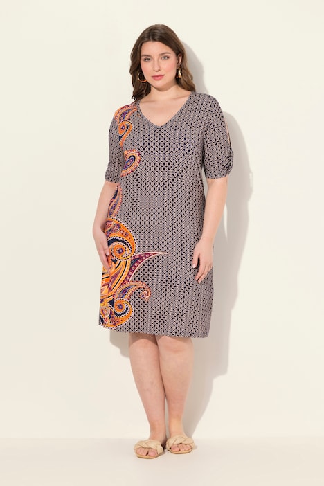 Strandkleid, Paisley, A-Linie, V-Ausschnitt, Halbarm