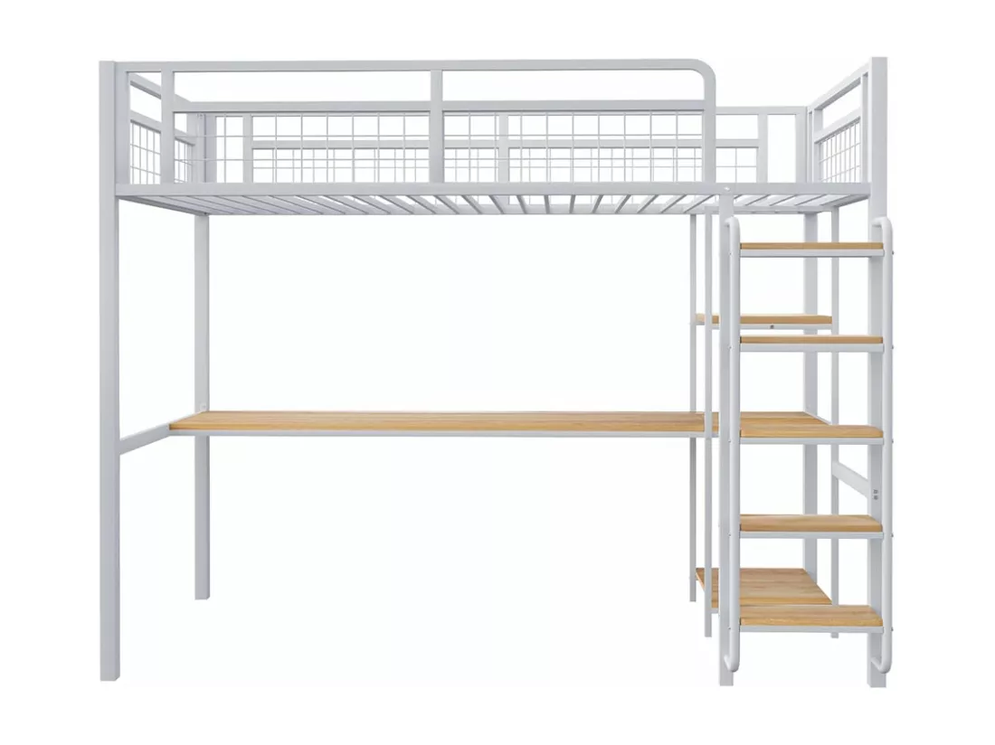 Lit mezzanine en métal, 90*200 cm, échelle de sécurité avec marches, lit simple avec table et étagère, barrière de sécurité en métal, blanc