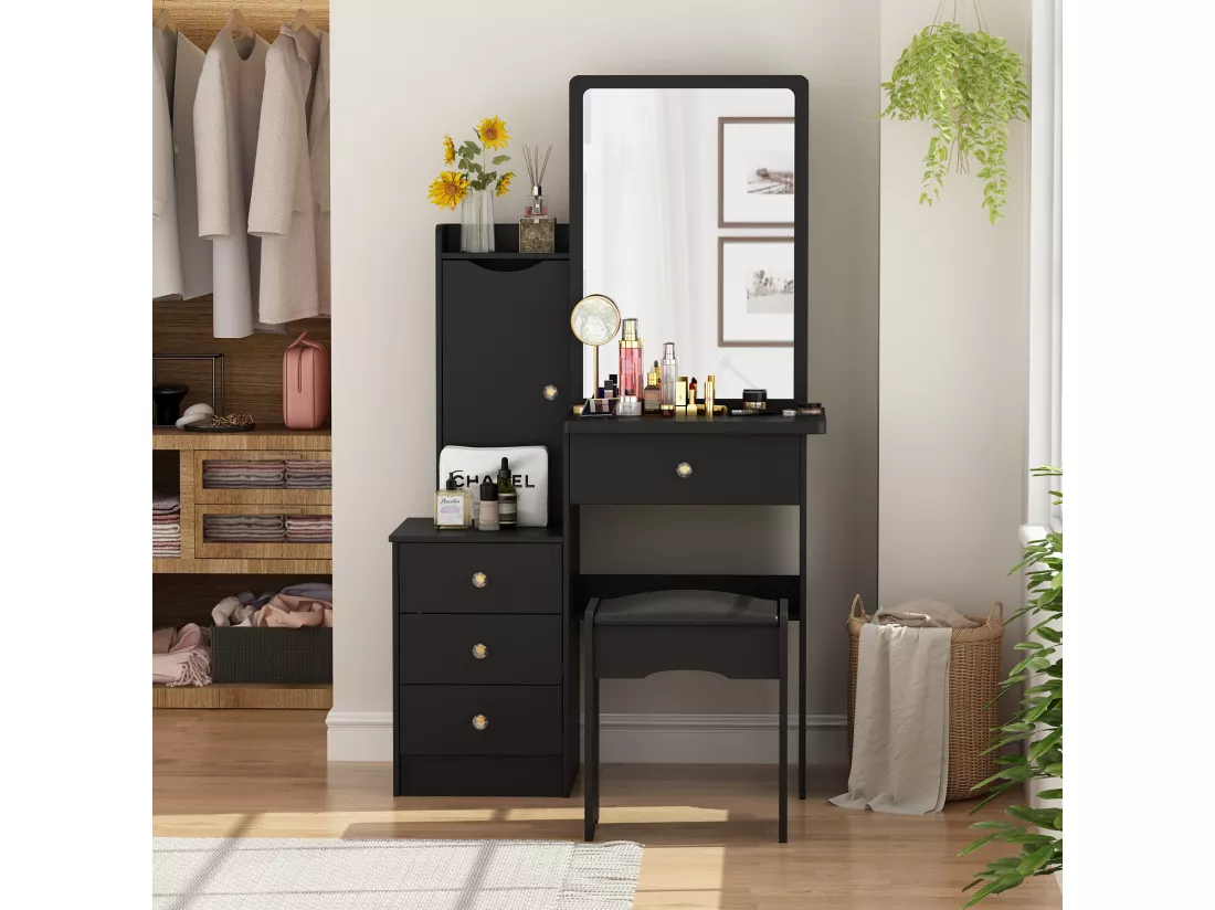 Coiffeuse avec miroir et 4 tiroirs Tabouret 90x40x135cm Noir