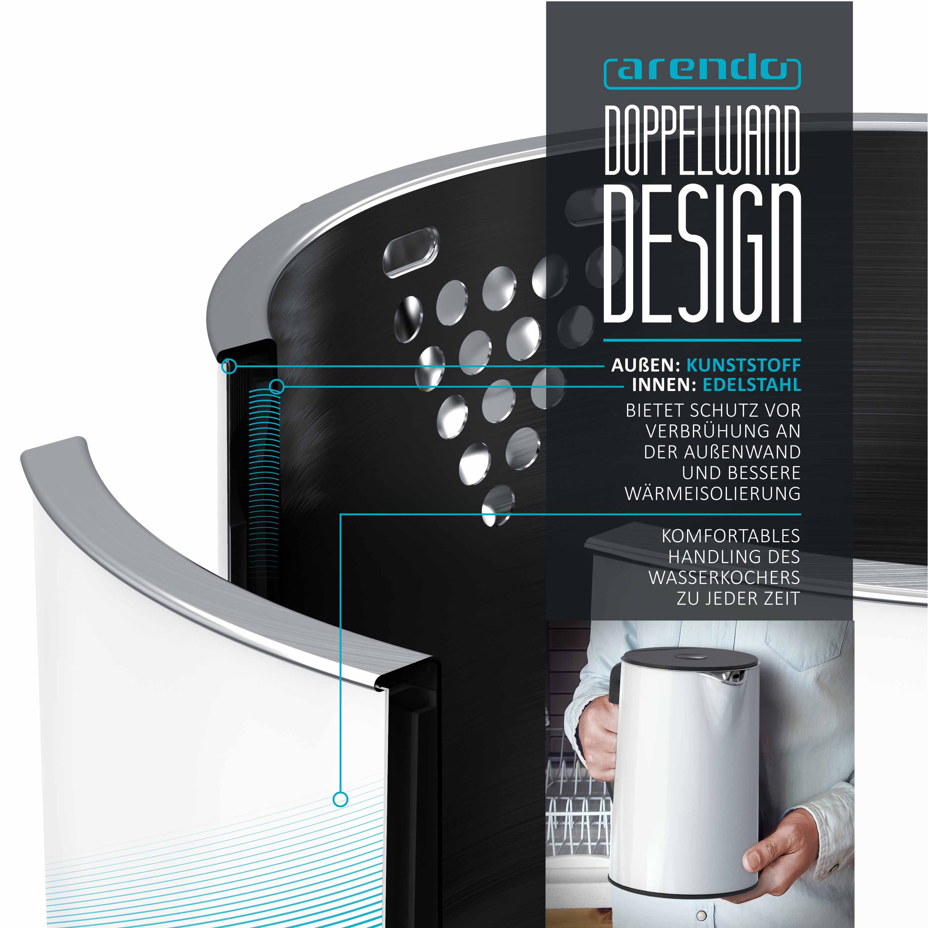 Arendo Frühstücksset, Wasserkocher ELEGANT 1,5 Liter & Langschlitztoaster für 2 Scheiben, Weiß