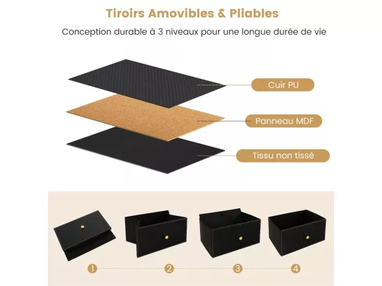 Commode Chambre, Commode Chambre Adulte 6 Tiroirs en Cuir PU et Tissu Pliable, Cadre en Métal, Chiffonnier Moderne avec Poignée Doré, Commode Rangement pour Salon, Entrée, Noir (6 Tiroirs)