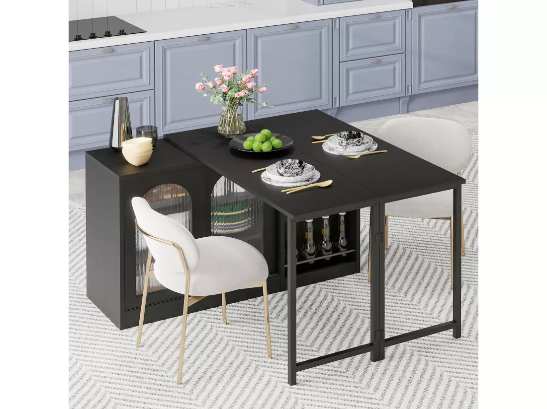 Meuble de bar extensible pivotant, table à manger - 2 portes coulissantes en verre et 2 étagères - Bois MDF - 115 x 40 x 74.5 cm - Noir