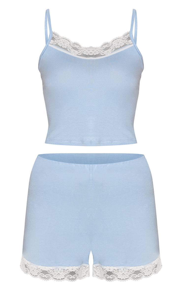 Bleu Layette Ensemble Pyjama Court À Bordure De Dentelle Bleu Clair