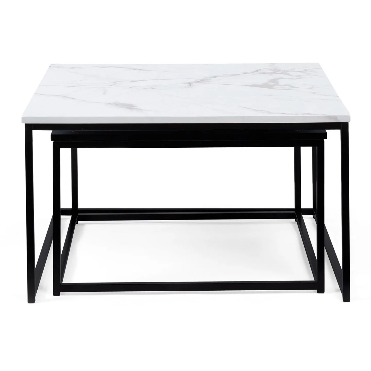 Lot de 2 tables basses gigognes ALASKA carrées 60/70 effet marbre et noir pieds métal