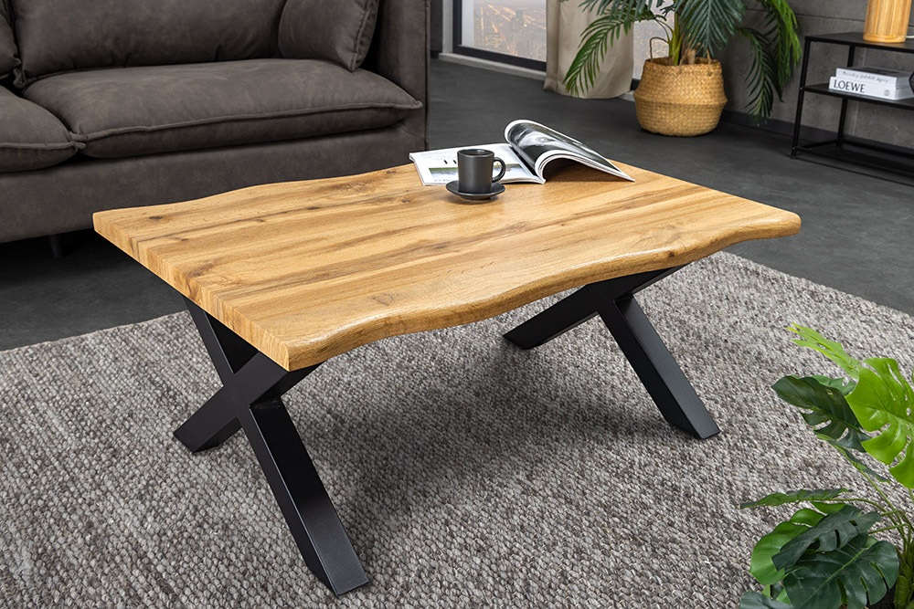 Industrial Couchtisch WILD 90cm braun Wildeichen-Optik schwarz Metall Baumkante