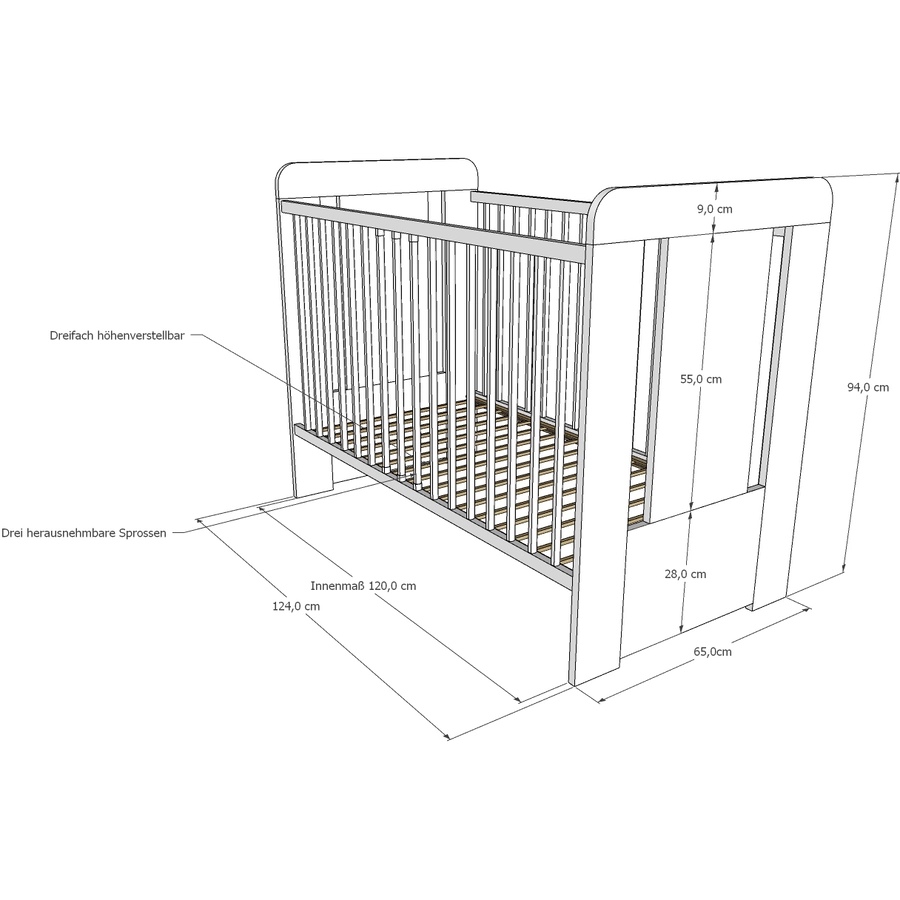Kids Collective Babybett Gitterbett 60x120 höhenverstellbar|herausnehmbare Sprossen weißrosa