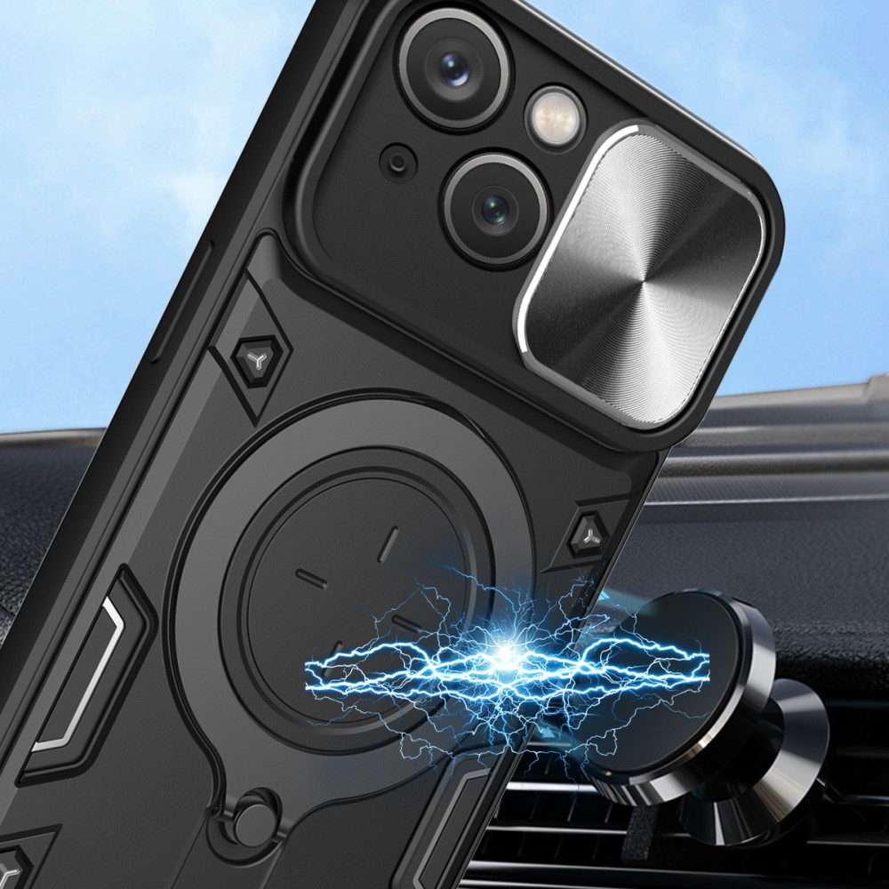 iPhone 15 Hybrid Outdoor Hardcase Hülle mit Cam-Slider   Magnetischer Kickstand - Schwarz