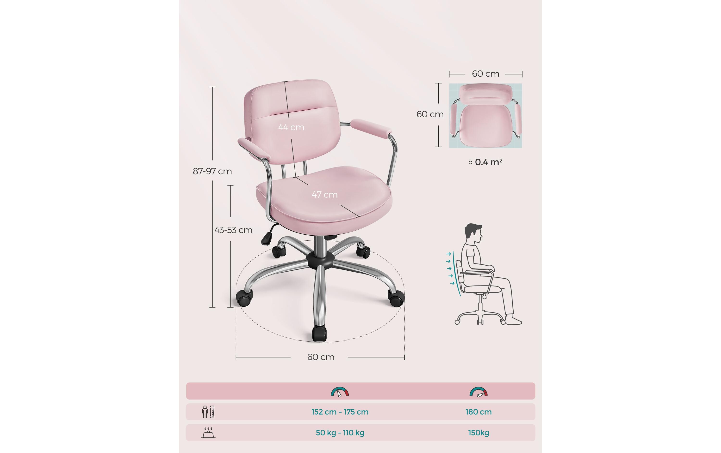 Bürostuhl mit Polsterrücken und Armlehnen, Rosa<br>Drehstuhl mit gebogenem Sitz