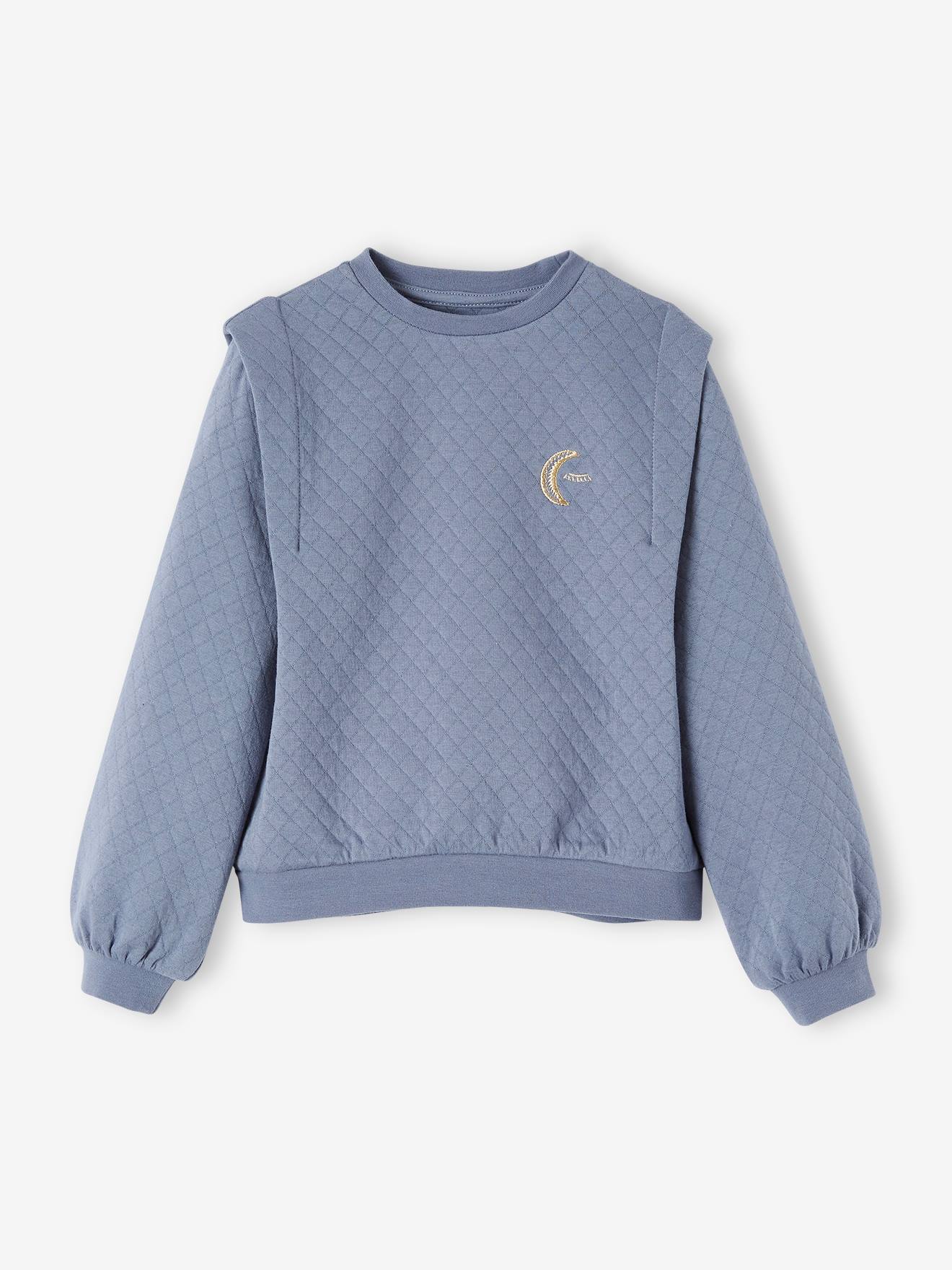 Moletom acolchoado com bordado iridescente, moletom infantil liso azul médio com estampas.