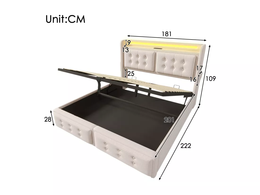Lit coffre 180x200cm en tissu lin - avec LED et Ports de recharge - Beige