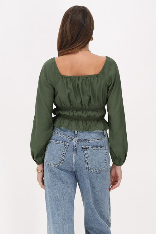 Donkergroene off shoulder top met ruffles