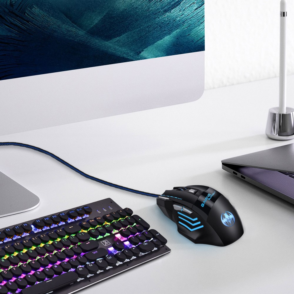 Optische USB Gaming Maus mit Kabel 3200 DPI mit RGB LED Beleuchtung und 7 Tasten - Schwarz