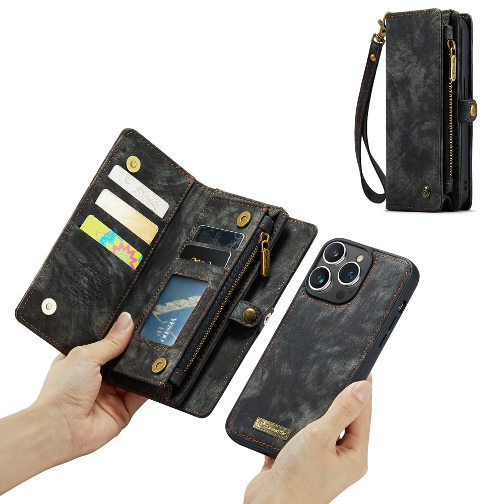 iPhone 15 Pro 2in1 Leder Tasche   Magnet Hardcase Karten Etui - Schwarz