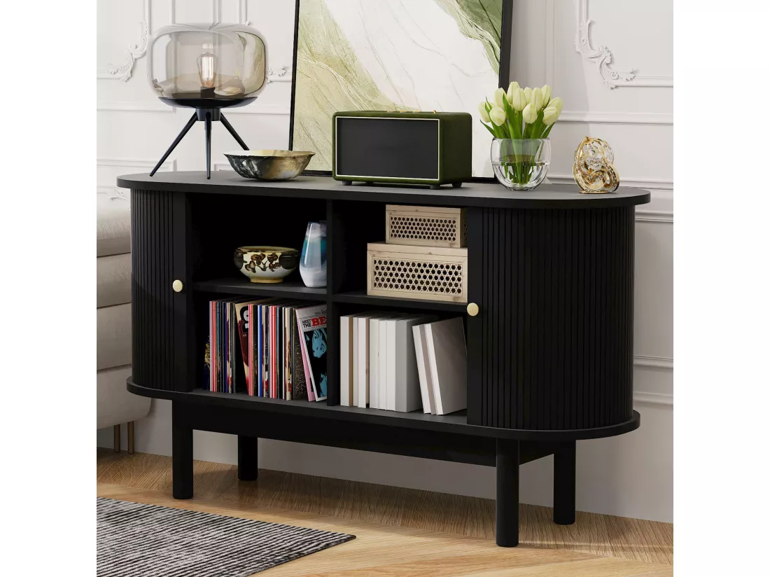 Buffet bas moderne avec 2 portes coulissantes - 138 x 43 x 75 cm - Forme ovale - Bois MDF + pieds en pin - Noir