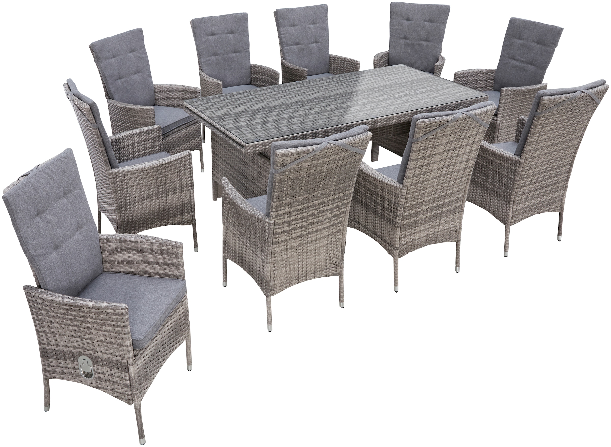 KONIFERA Garten-Essgruppe »Belluno« 10x Sessel, 1x AZ-Tisch 179-300x73/89cm, inkl. Auflagen, Polyrattan, 21 Stk. tlg. 2 der 10 Sessel stufenlos verstellbar, Tischplatte aus Sicherheitsglas