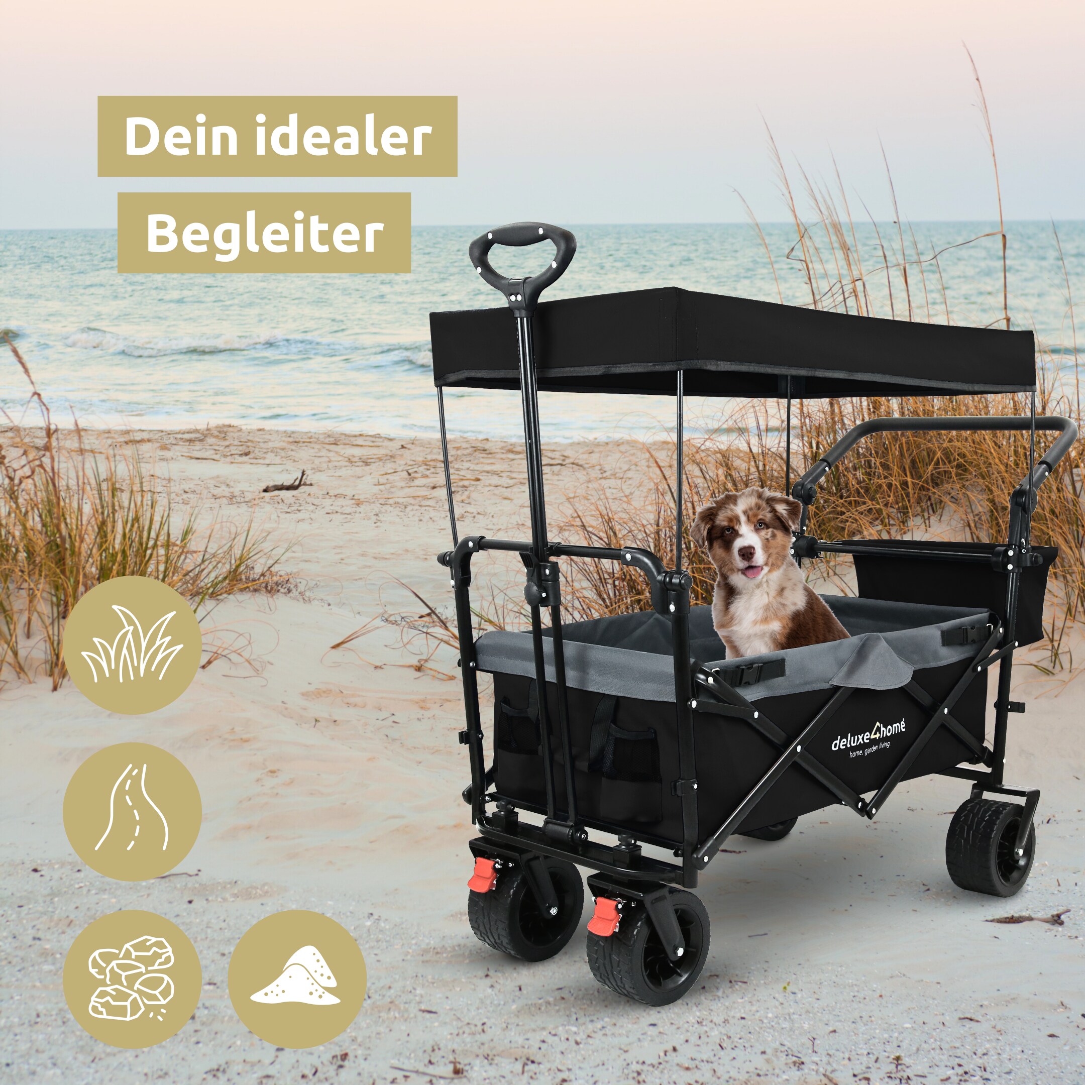 deluxe4home® Bollerwagen faltbar mit Breiten Reifen und Dach | Schwarz/Grau