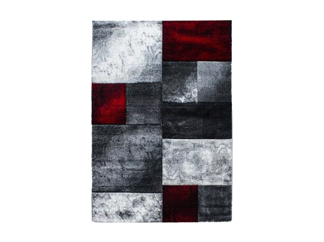 tapis entrée 80x150 tissé rouge et gris clair rectangle motif géométrique