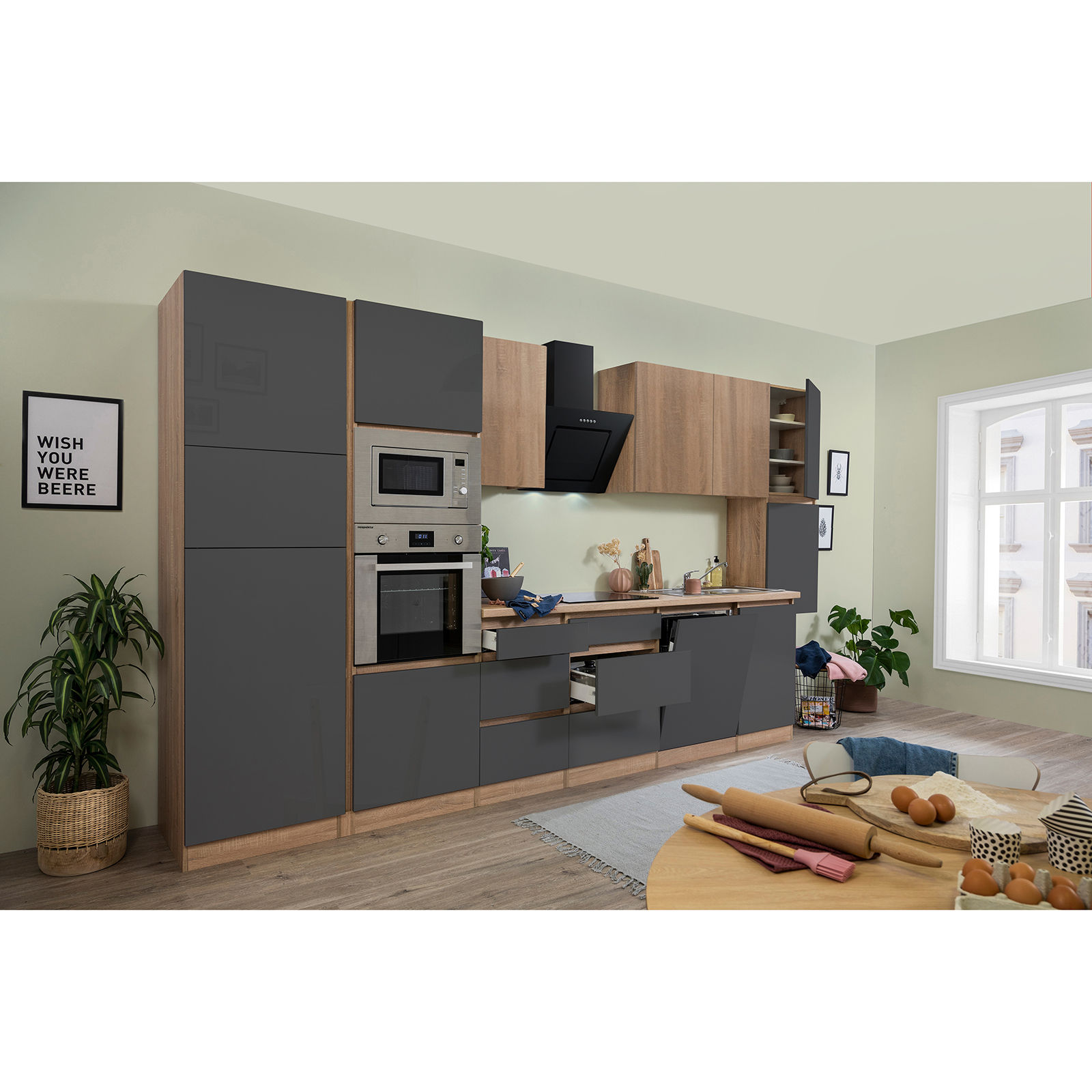 RESPEKTA Küchenblock - grau Hochglanz-Eiche Sägerau - mit E-Geräten - 395 cm