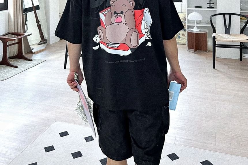 SeoulPop - T-shirt met korte mouwen en berenprint, losvallend