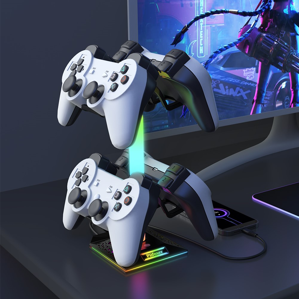 Gaming Kopfhörer und Controller Halterung Ständer mit USB C / 2x USB A Anschluss   RGB Beleuchtung - Schwarz