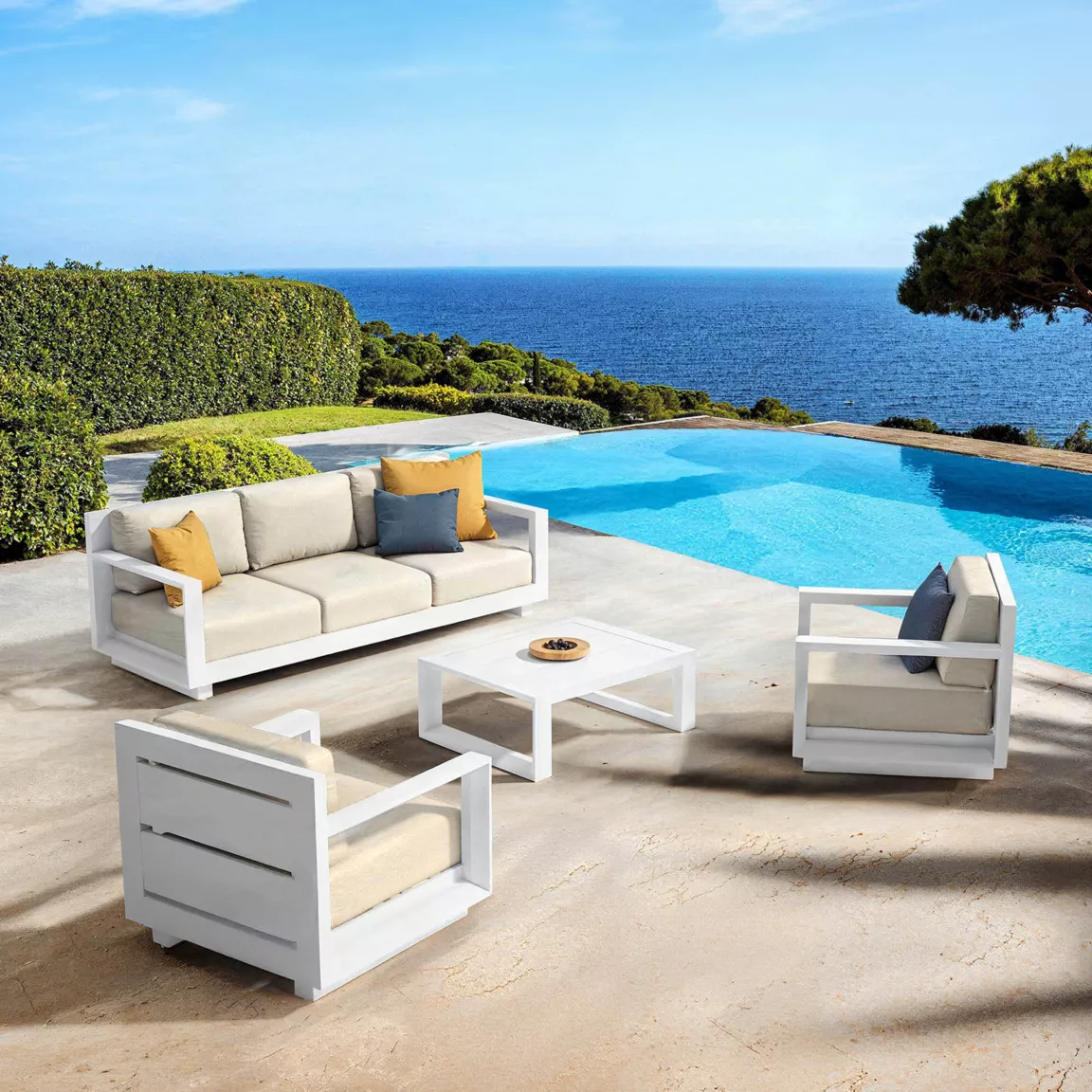 Salon de jardin aluminium 5 places 4 pcs Elba Blanc et beige