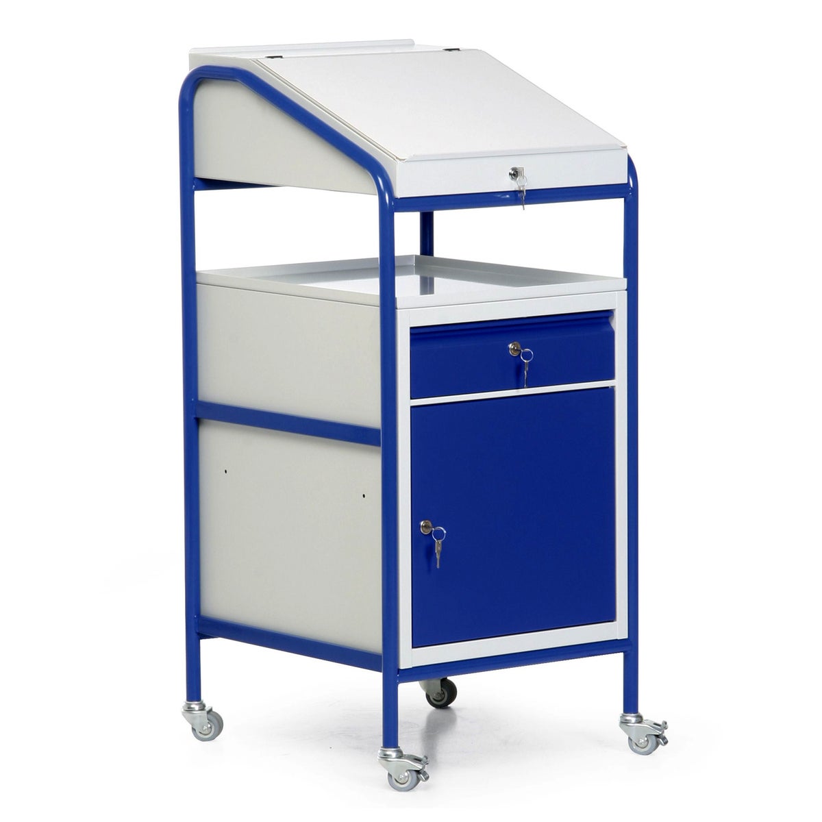 Protaurus mobiel sta-bureau met ingebouwde kast, deur, lade en plaatstalen plank