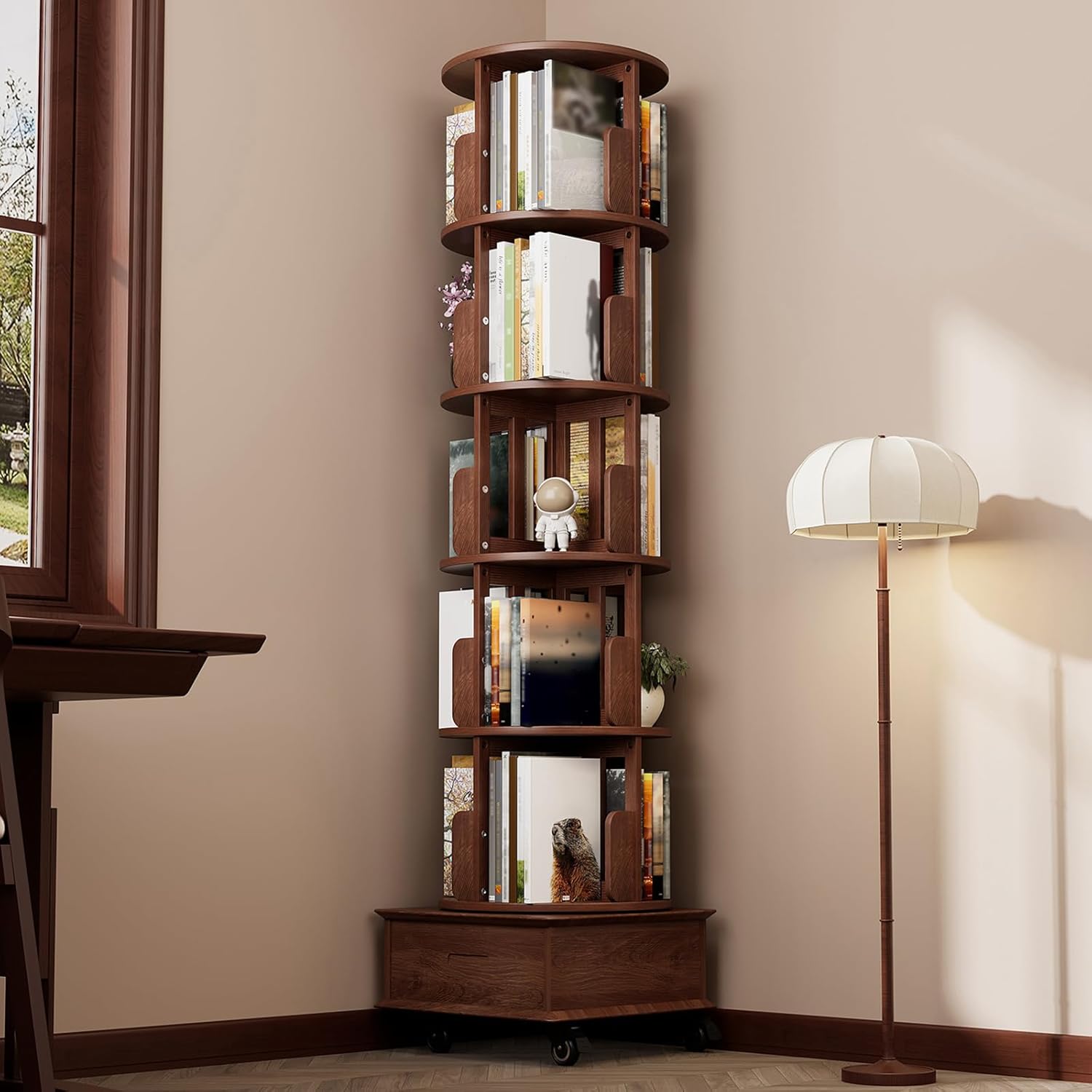 Drehbares Bücherregal aus Massivholz mit 1 Schublade, Rollende Bücherregale auf Rädern, Platzsparendes Drehendes Bücherschrank Turm für Wohnzimmer, Schlafzimmer, 185 x 47,5 x 47,5 cm, Walnuß