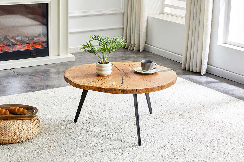 Runder Couchtisch ARBOR 75cm natur Eiche Massivholz schwarz Metall Beistelltisch
