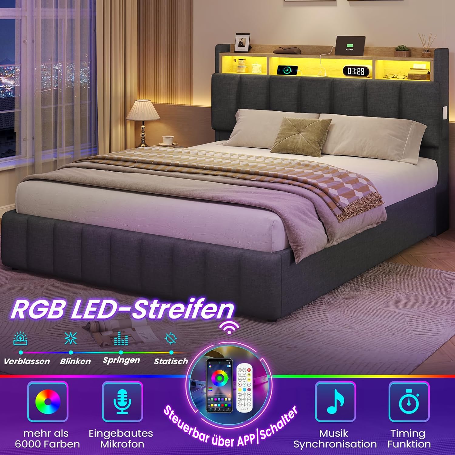 Bett mit LED Beleuchtung, Hydraulisches Bett 140 x 200 cm, Polsterbett, Regalkopfteil mit Stauraum, Bettgestell mit Lattenrost, bequem, für Schlafzimmer, Gästezimmer, Leinenstoff grau