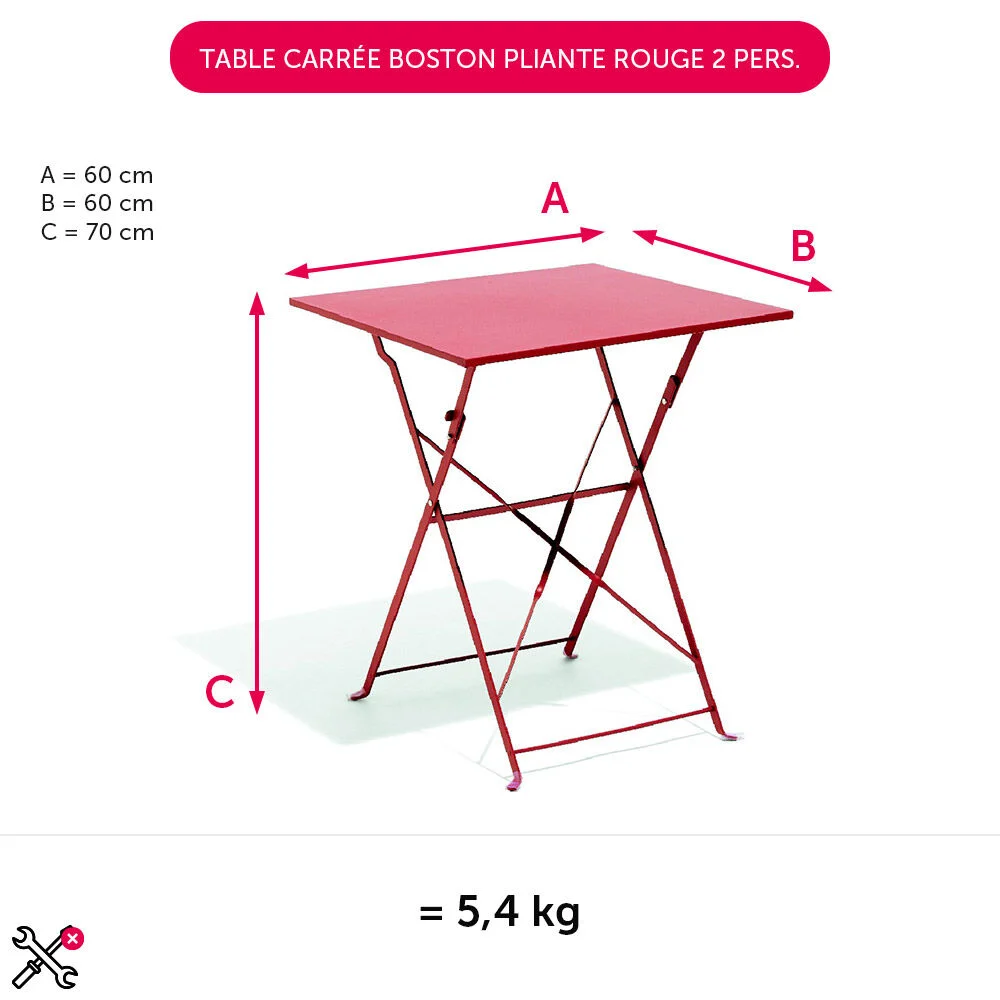 Table carrée Boston pliante rouge 2 personnes